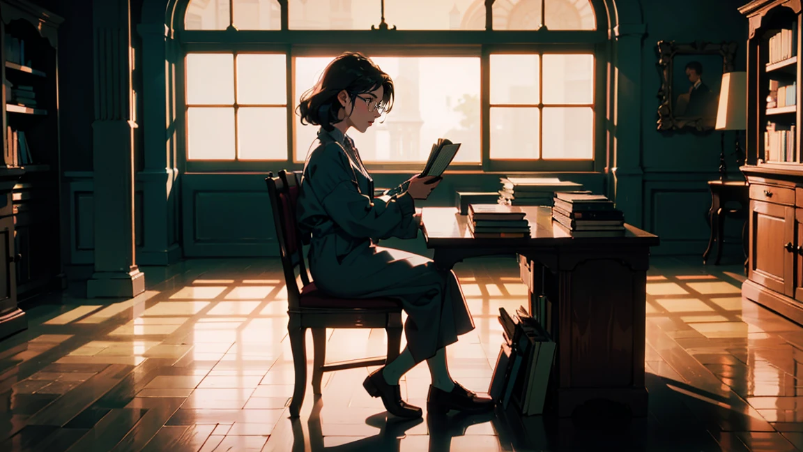 Most Extraordinary classic Library, sitting at a desk reading a book, It has a nice atmosphere, One adult woman, Glasses ,Perfect Face, A melancholic look, (Backlight: 1.1), A scene from a movie, Soft Shadows, masterpiece, Highest quality, Complex, Model shooting style, Film Grain,