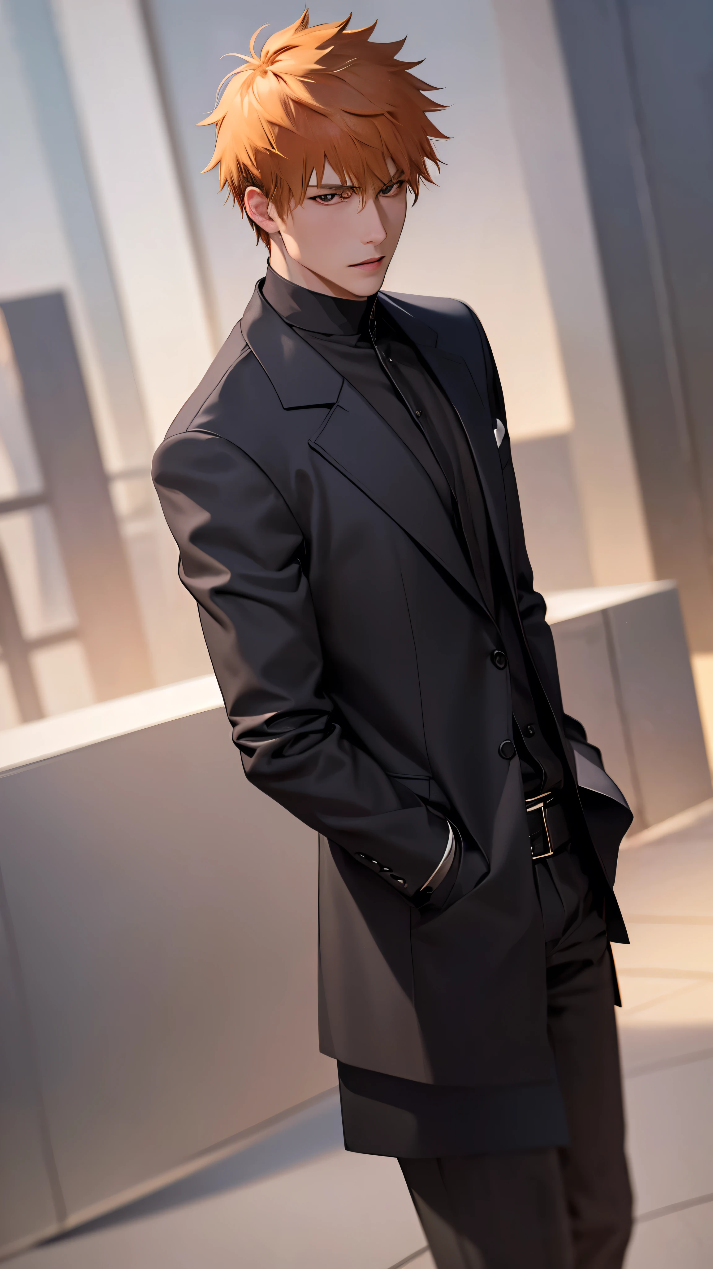 black winter male overcoat black clothing,(masterpiece, best quality:1.2), cowboy shot, solo, male focus, 1boy, kurosaki ichigo, slight smile, looking at viewer, short orange hair, brown eyes,dark formal suit, black formal outfit, black coat, walking straight,(photorealistic:1.4), (masterpiece, sidelighting, finely detailed beautiful eyes: 1.2),black leather gloves, blinfolded,