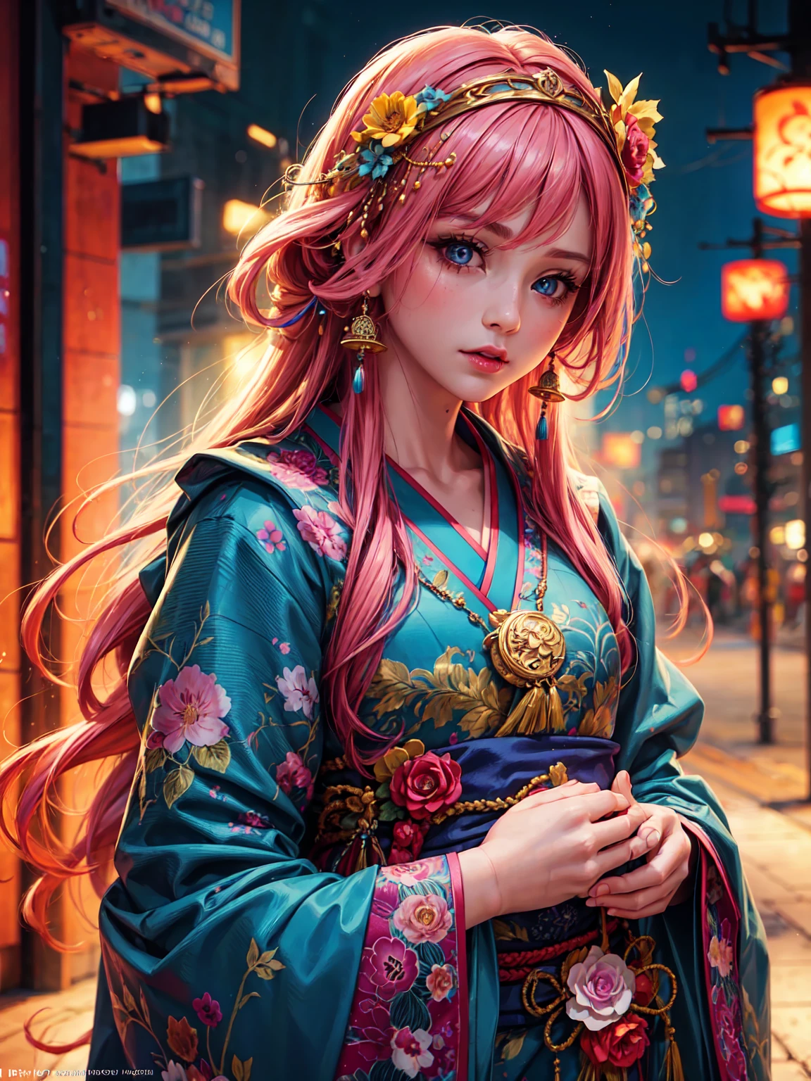 1 girl, beautiful detailed eyes, beautiful detailed lips, extremely detailed eyes and face, long hair, pink hair, very long hair, blue eyes, hair ornaments, kimono, removable sleeves, masterpiece, best quality, Locus-bk, solo, photo-realistic, HDR, UHD, studio lighting, ultra-fine painting, sharp focus, physically-based rendering, extreme detail description, professional, vivid colors, bokeh