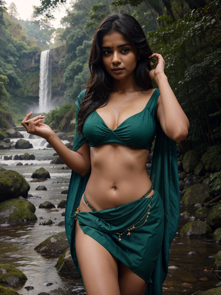 An indian beautiful girl wearing saree her age is 29, navel, low waist, midriff, in rainy forest, rainy weather, waterfall, river, mountains