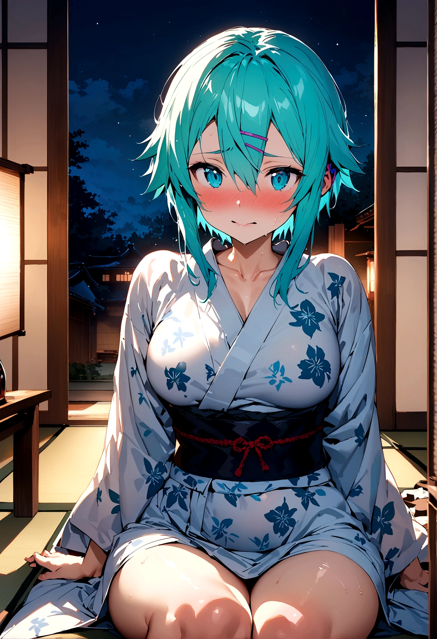 NSFW,masterpiece,Highest quality,High resolution,Super detailed,Sinon\(Sword Art Online\),yukata,hair ornaments, Hair Clip,Embarrassed,expectant face,nervous,blush,Inn at night,Shoji screen,tatami,futon,Girl sitting,Drunk,sake bottle,Sake cup