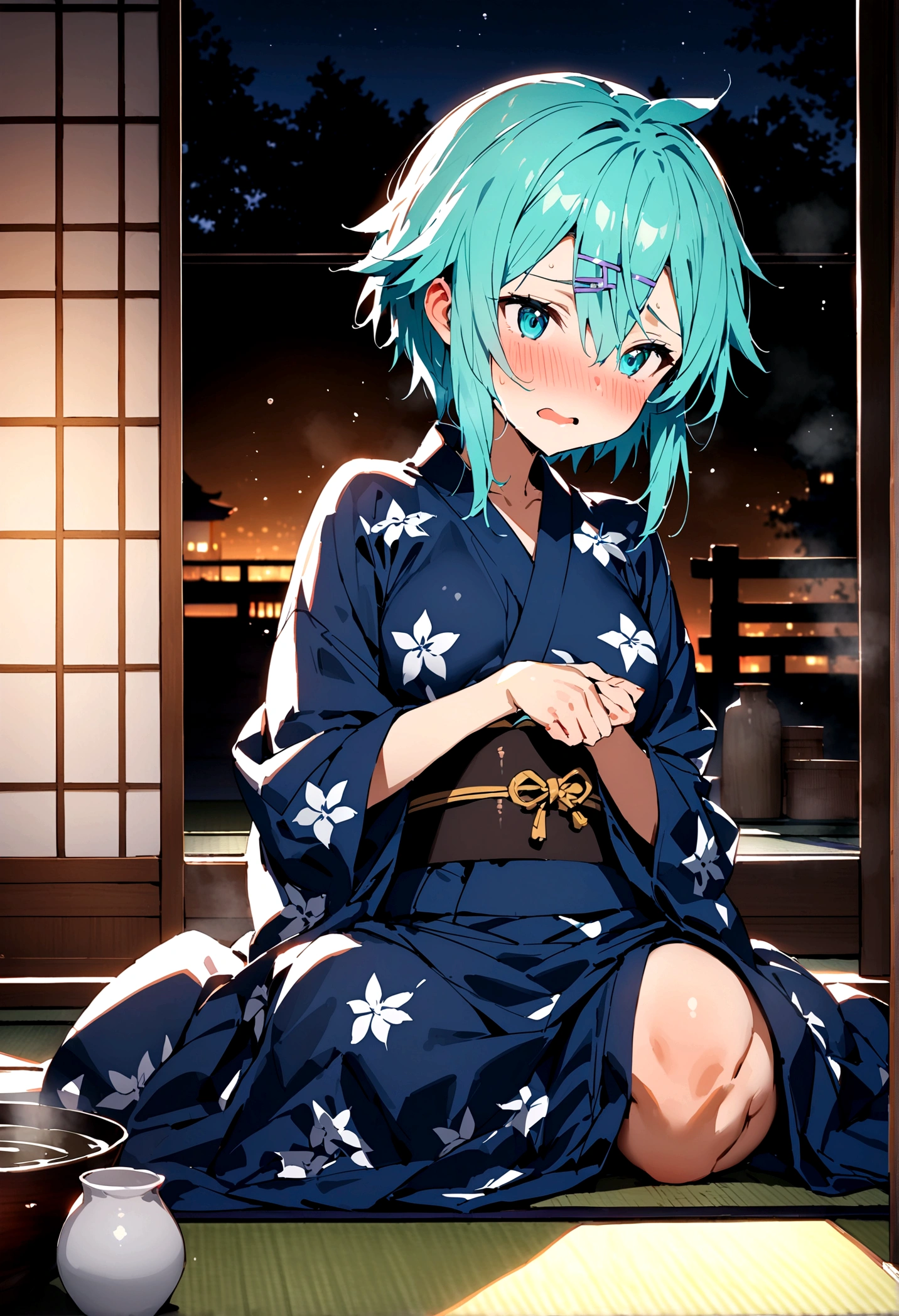 NSFW,masterpiece,Highest quality,High resolution,Super detailed,Sinon\(Sword Art Online\),yukata,hair ornaments, Hair Clip,Embarrassed,expectant face,Absent-minded face,blush,Inn at night,Shoji screen,tatami,futon,Girl sitting,Drunk,sake bottle,Sake cup