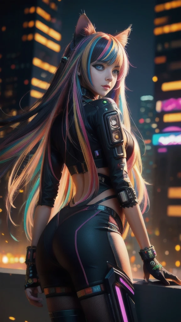 beautiful photorealistic photograph of a cyberpunk catgirl with long multicolor hair and swishing tail, ((Best quality)), ((masterpiece)), (detailed: 1.4), depth of field f/2.8,