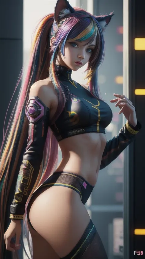 beautiful photorealistic photograph of a cyberpunk catgirl with long multicolor hair and swishing tail, ((best quality)), ((mast...