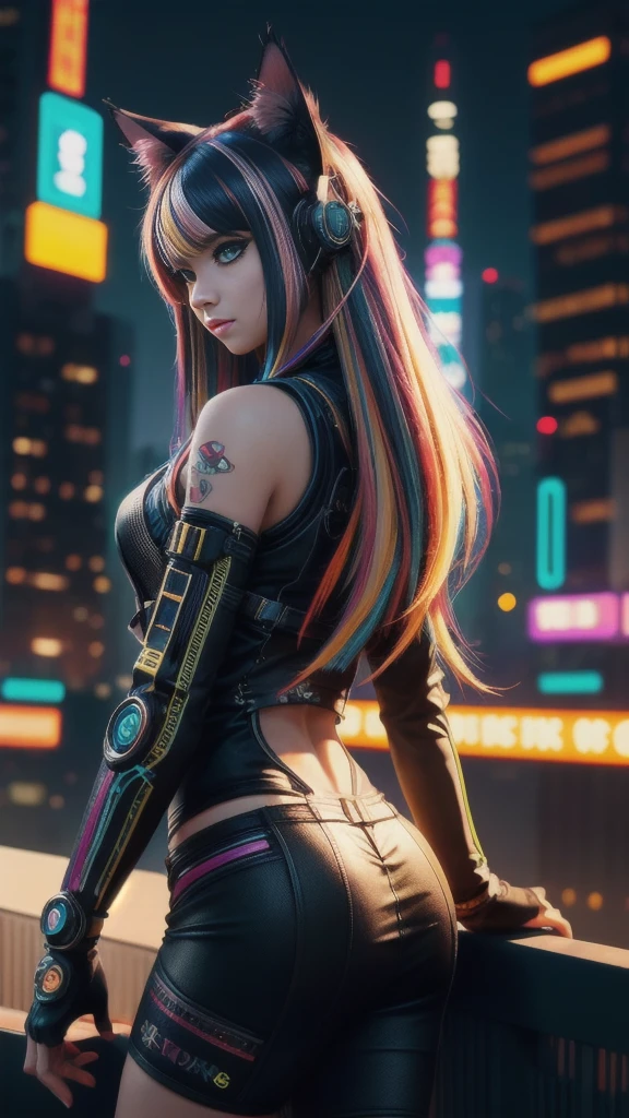 beautiful photorealistic photograph of a cyberpunk catgirl with long multicolor hair and swishing tail, ((Best quality)), ((masterpiece)), (detailed: 1.4), depth of field f/2.8,