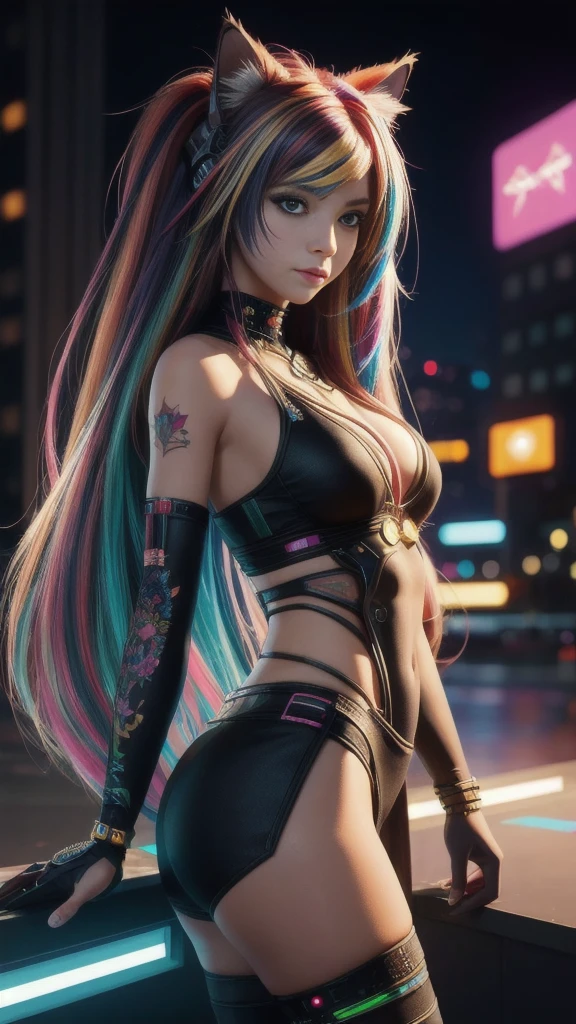 beautiful photorealistic photograph of a cyberpunk catgirl with long multicolor hair and swishing tail, ((Best quality)), ((masterpiece)), (detailed: 1.4), depth of field f/2.8,