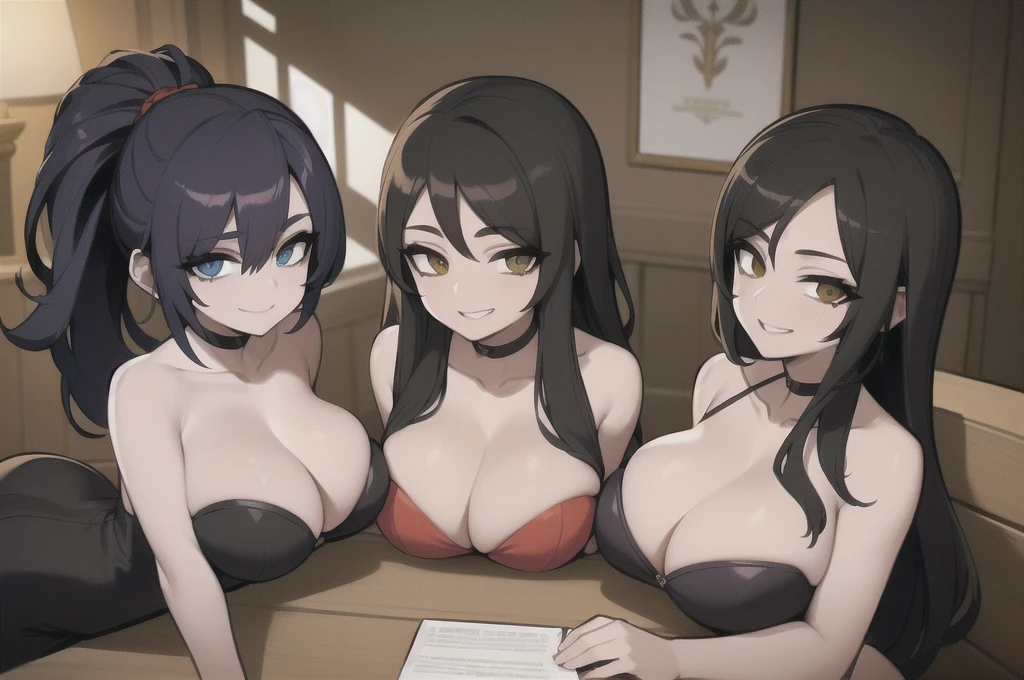 three sexy women who are wives of boy, looking at camera, seductive smiles, portrait, various hair