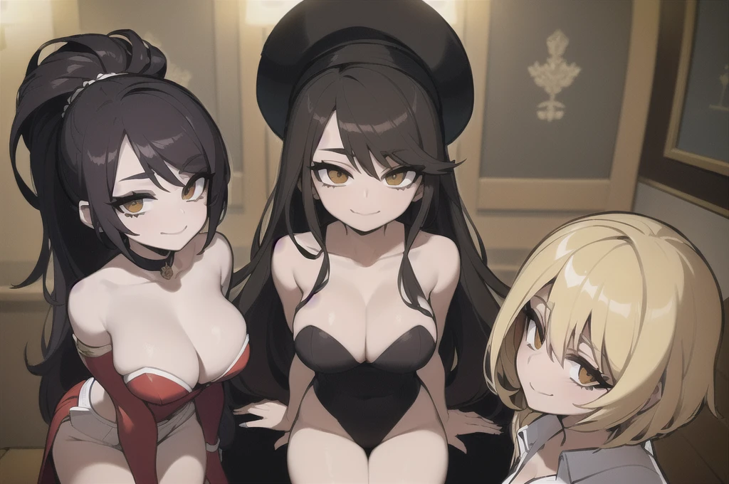 three sexy women who are wives of boy, looking at camera, seductive smiles, portrait, various hair