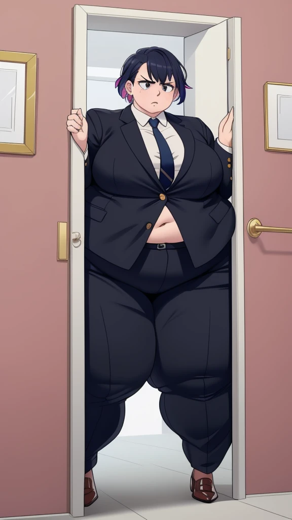 masterpiece, 1girl behind a doorway, from front, doorstuck, wide hips, thick thighs, colorful clothing, wearing suit and tie and formal pants, upset