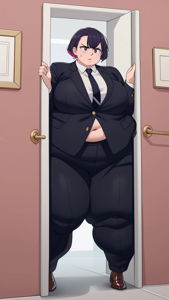 masterpiece, 1girl behind a doorway, from front, doorstuck, wide hips,  thick thighs, colorful clothing, wearing suit and tie and formal pants, upset 