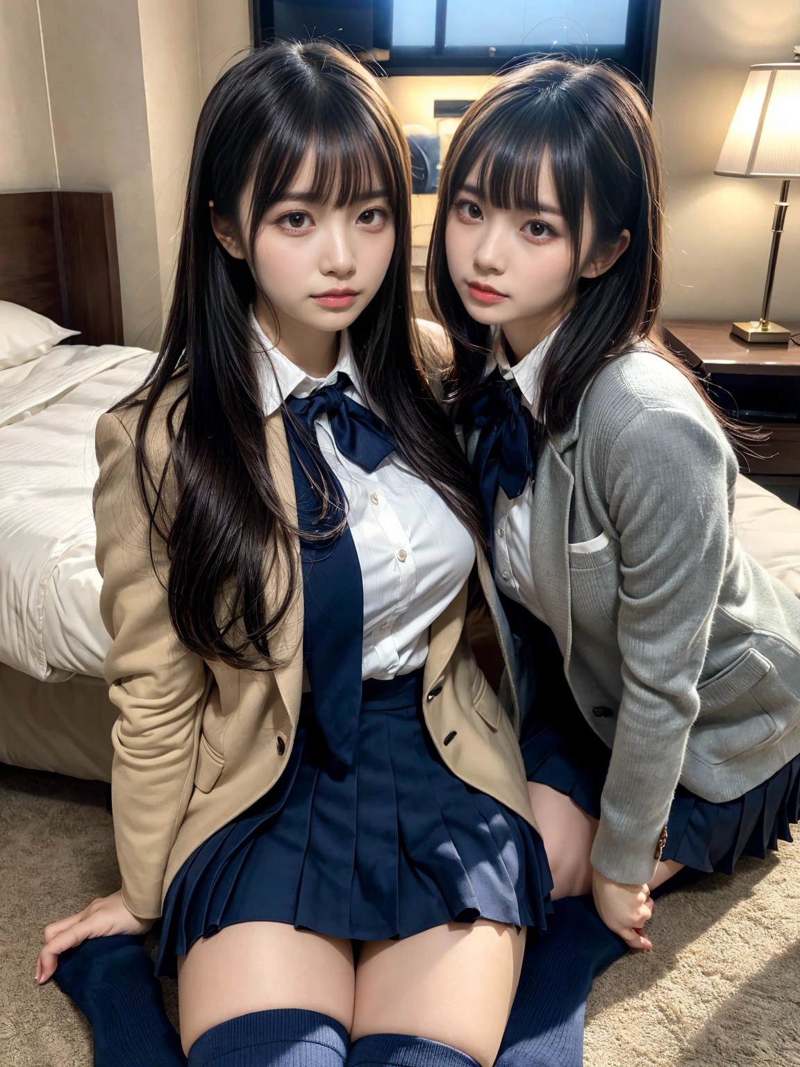 (8K, RAW Photos, Highest quality, masterpiece:1.2), masterpiece, super detailed, super high quality, (Realistic and photorealistic photography:1. 37), High-resolution RAW color photos, Very delicate and beautiful, highly detailed, 8k wallpaper, wonderful, detailed, Very eye, very detailed, very detailed skin, very thin fingers, very detailed nose, very detailed mouth, Perfect Anatomy, BREAK, (2 girls, japanesgirls:1.2), Colossal tits, short bob hair, black hair color, huge breasts, very huge round breasts, Beautiful makeup, glitter makeup, Big Natural Color Lip, perfect body shape, crying a little, beautiful legs, beautiful legs, Voluptuous thighs, BREAK, High school girl uniform, blazer, Super Short Check Uniform Skirt, Navy blue high socks, BREAK, The background is a luxury hotel room