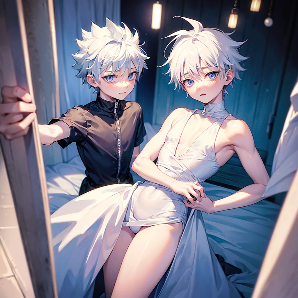 

(((killua zoldyck))) White hair,short hair,blue eyes , blue shirt ,full body ,Graceful body,hot,shyly, fascinated by,bedroom ,sexy, cute , short clothes, exhaustion, A person above him, He looks at me and smiles, Ah,2boy,black 