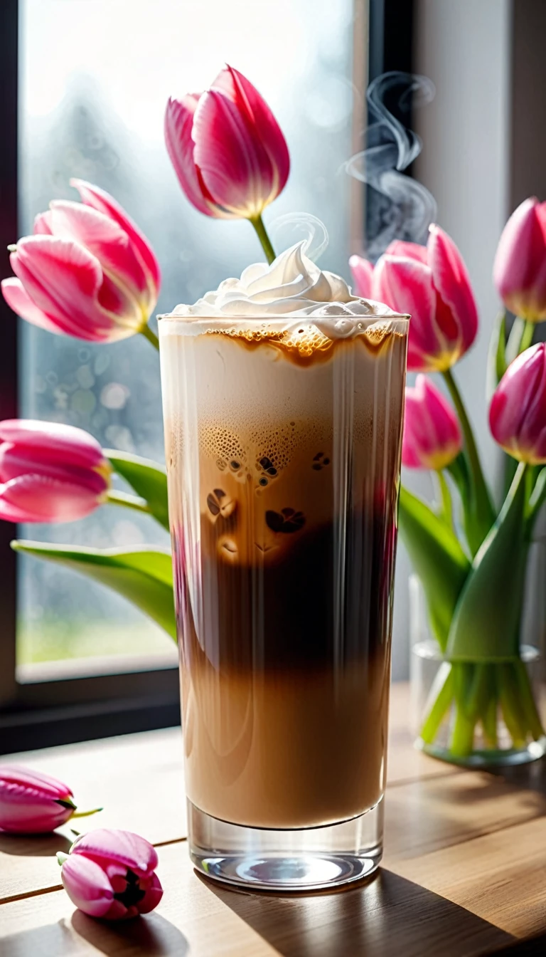 Best still life composition(best quality,4K,8K,High resolution,masterpiece:1.2),Super detailed,Flat bouquet of bright pastel pink tulips from above(Lying flat on the table.From top to left.Make space on your desk)..(Practical,photoPractical,photo-Practical:1.37),Iced coffee in a clear glass(clear focus、obvious)slight ice smoke.Artist coffee impression.Next to it is a transparent white gauze with clear texture,Place it randomly aside...Sophisticated and elegant.Modern style cafe bokeh background.Super detailed.(Super quality,Super detailed,Ultra-complex,Extremely complex)Soft and natural light and shadow.Reverse fragrance.no humans.Ultra wide angle, (Detailed texture),Background covered with film grain, natural soft light,(Morning Scene.warm sunshine in the morning)Ray tracing, Vignette, Wide-angle lens, Ultra wide angle, best qualitycinematic lighting, Depth of Field, outer boundary, Negative space, Letterbox header image