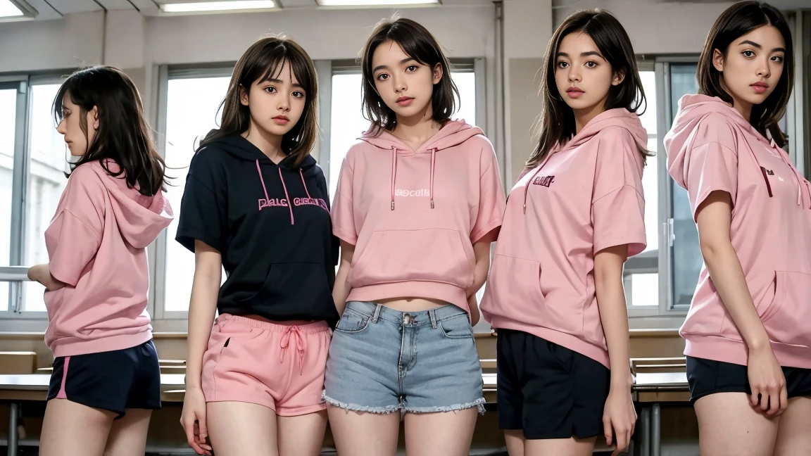 trois femmes ensemble de 18 ans sexy et mince , pink short sleeve hoodie , salle de classe, se touche,position sey,sensuel