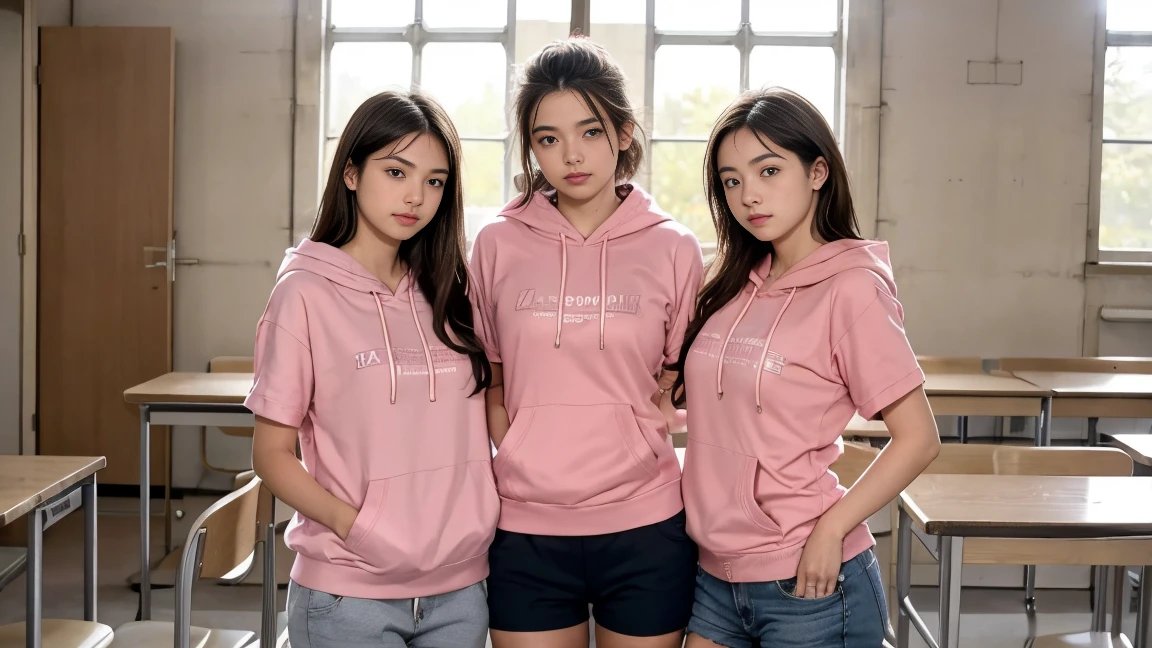 trois femmes ensemble de 18 ans sexy et mince , pink short sleeve hoodie , salle de classe, se touche,position sey,sensuel