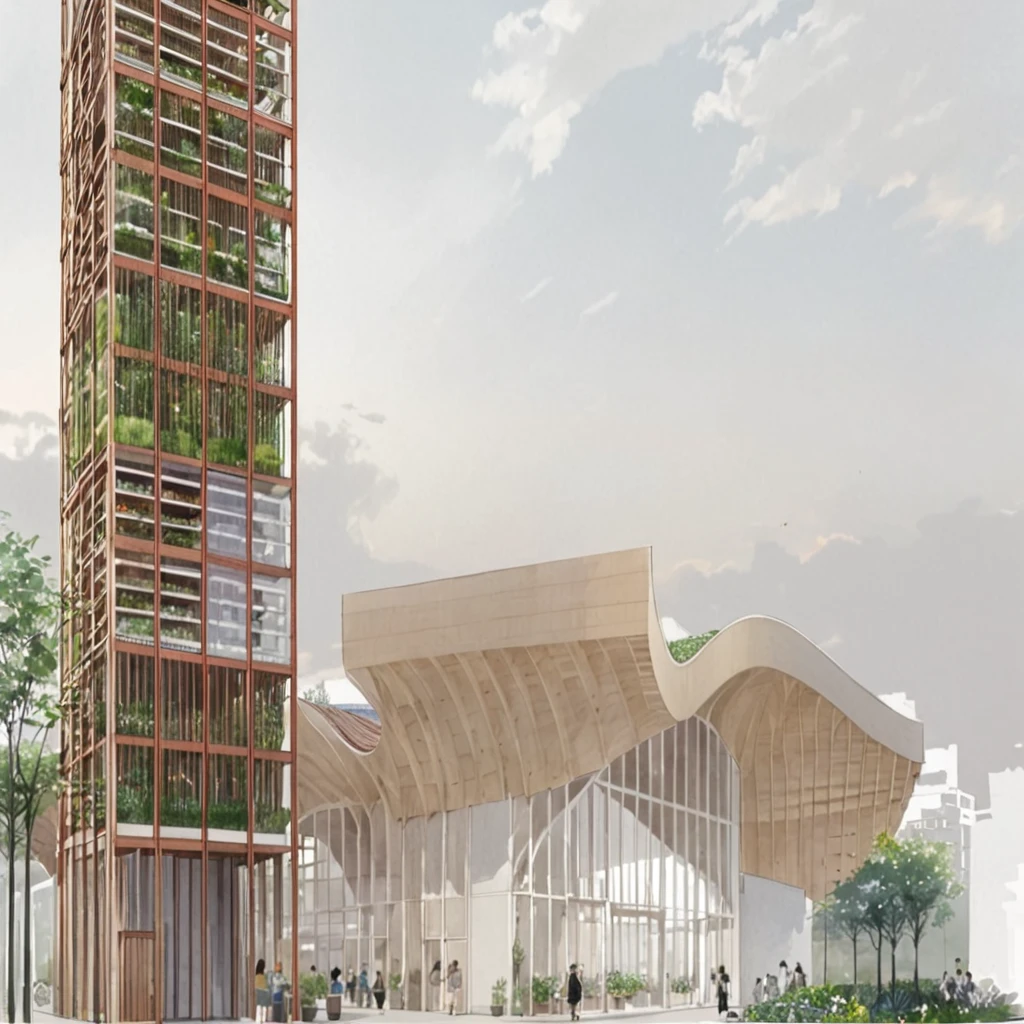ew of a building and a tower, building is a flower market with wooden roof, roof is parametric and curved, tower is for urban agriculture and has visible steucture with plants crawing on it, lush vegetation, at sundown, anime sketch, pencil sketch, architecture drawing