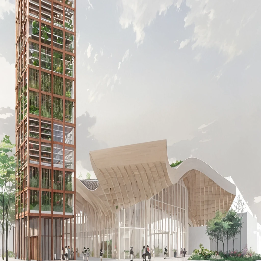 ew of a building and a tower, building is a flower market with wooden roof, roof is parametric and curved, tower is for urban agriculture and has visible steucture with plants crawing on it, lush vegetation, at sundown, anime sketch, pencil sketch, architecture drawing