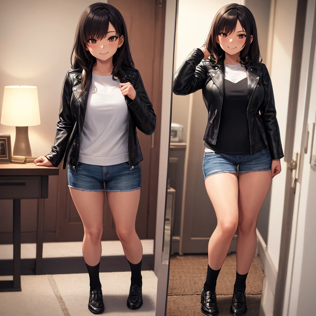 ((best quality)), ((​masterpiece)), (Detailed), 1 girl, big , Leather Jacket, Socks, light skin, Emo Stil, room, smile