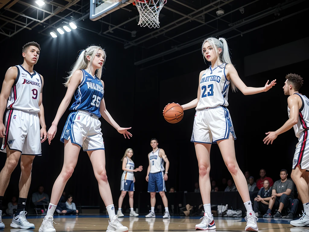 female teenager with white hair blue eyes and white skin playing professional basketball full body