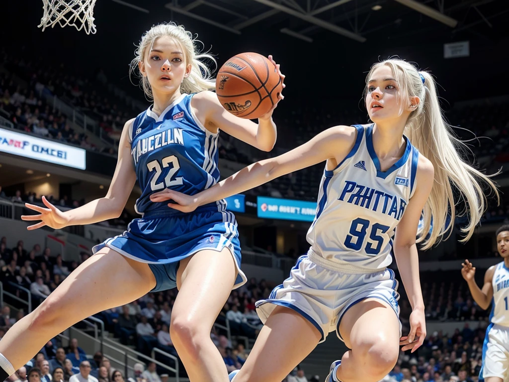  female teenager with white hair blue eyes and white skin playing professional basketball full body