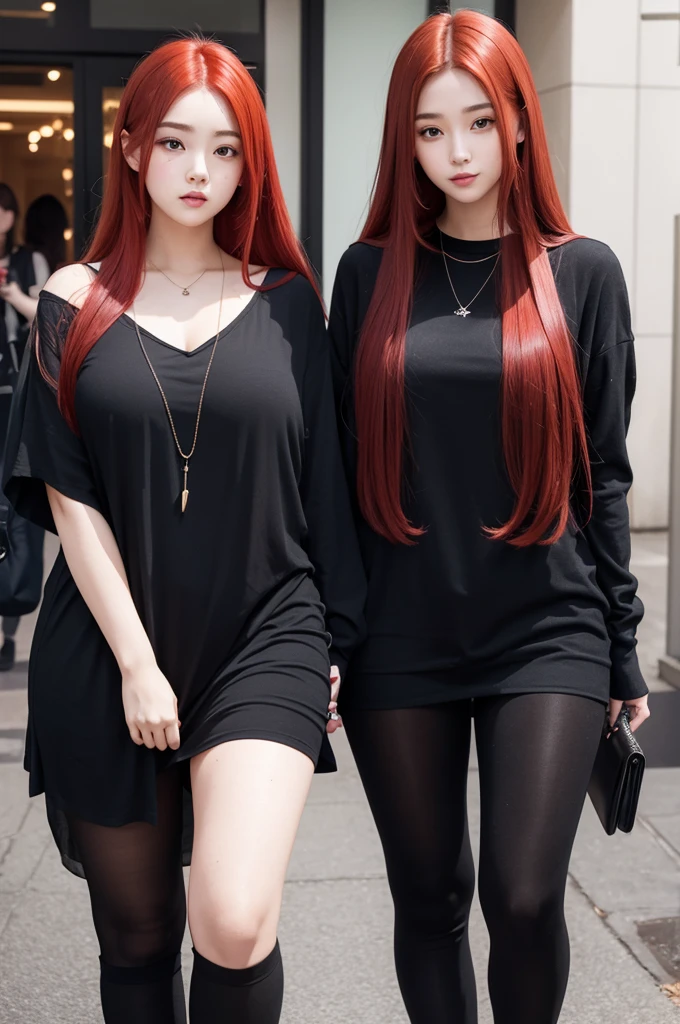 Young plump woman with red hair next to her boyfriend with long straight hair and black clothes 