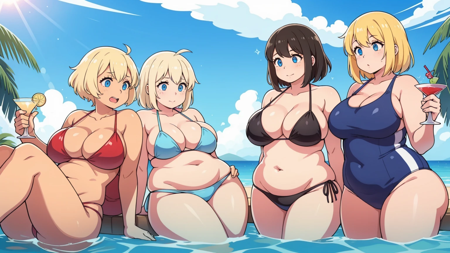 groupe of womens, blonde, blue eyes, Swimwear ,Cocktail