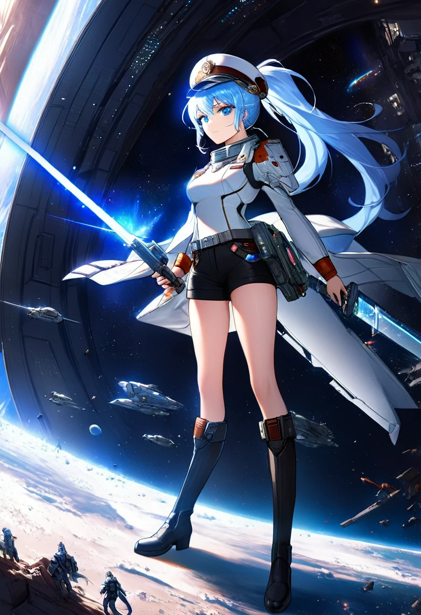 (((((((science fiction space fantasy)))))))A badass woman, an adult, standing amidst a galactic battlefront, (A female commander), ((a leader of a fleet of intergalactic armies)), White high ponytail with a glowing light blue highlights at the ends, Wielding a sword with deep blue aura, the mystical blade in her hand emitting a bright contrast blue light with a ray of energy, a futuristic intergalactic military uniform, Wearing Black shorts exposing the thighs, with a captain hat hat, a long simple dark boots. A masterpiece illustration, a light novel cover, best quality, best detail(Light novel illustrations), Arknights style, masterpiece, high quality, detailed.