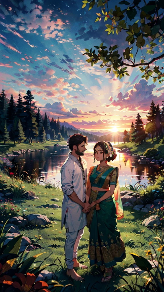 beautiful sunset, hindu temple, newly married south indian couple in traditional saree and doti outfit, decorative flower garland in thier neck, BREAK (masterpiece, best quality:1.2), outdoors, nature, forest, pines, grass, tall grass, detailed grass, plants, day, clouds, flower
