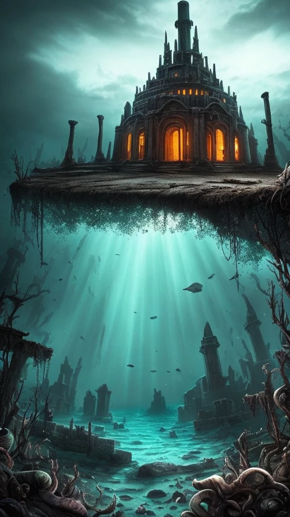 a dark and eerie looking underwater scene with a large building, underwater temple, dark city ruins, dark fantasy setting, undersea temple, underwater city, an underwater city, beautiful and mysterious, dark fantasy world, dark fantasy environment, dark fantasy atmosphere, magical environment, dark ruins landscape, beautiful with eerie vibes, futuristic ruins, ancient magical overgrown ruins