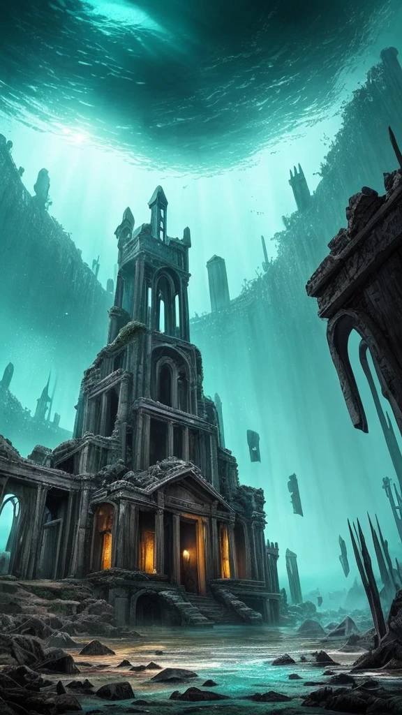 a dark and eerie looking underwater scene with a large building, underwater temple, dark city ruins, dark fantasy setting, undersea temple, underwater city, an underwater city, beautiful and mysterious, dark fantasy world, dark fantasy environment, dark fantasy atmosphere, magical environment, dark ruins landscape, beautiful with eerie vibes, futuristic ruins, ancient magical overgrown ruins