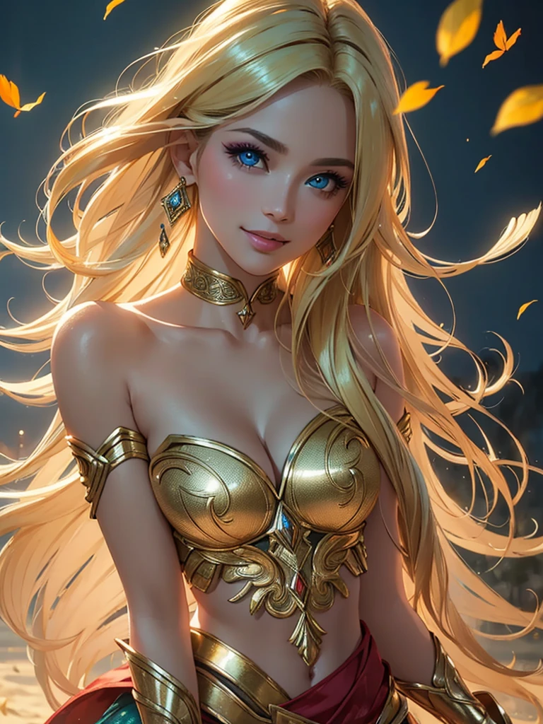 (Best quality,ultra detailed,Photorealistic:1.37),bright and rich colors,studio lighting,playful facial expression,stylish makeup,Long blonde hair fluttering in the wind,inviting eyes,glossy lips,sexy pose, Amazons, Themyscira, I smile confidently and seductively,posing for a professional photo shoot,shallow depth of field,highlighting the main subject,soft natural light,Creating a dreamy and magical atmosphere.