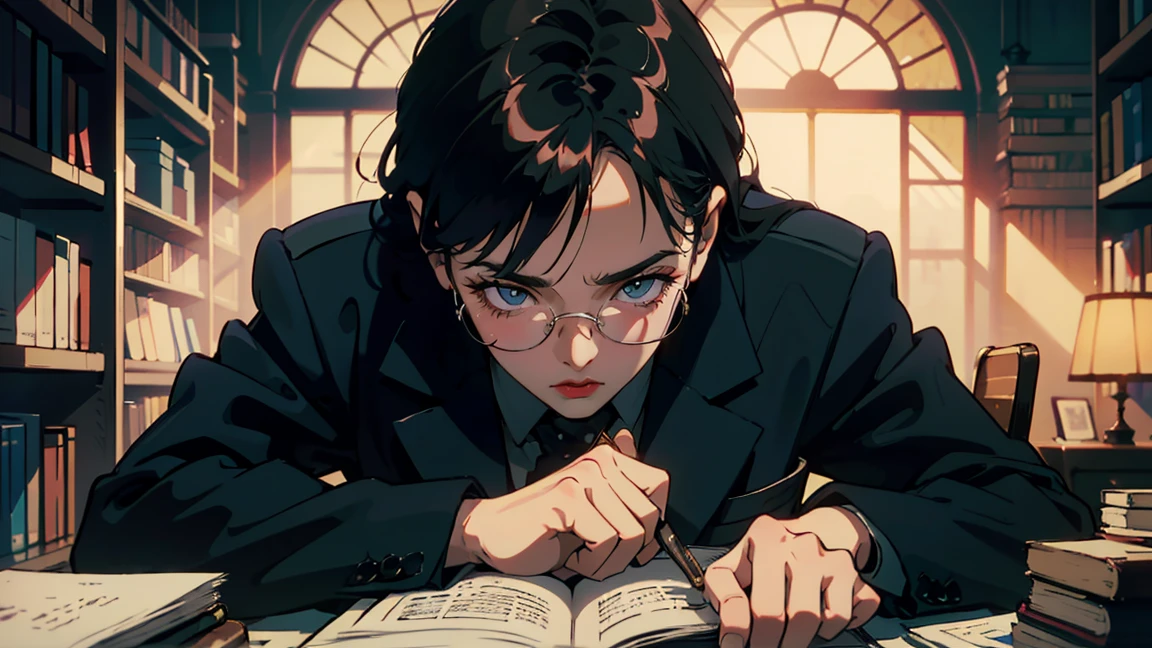 Most Extraordinary classic Library, reading a book, It has a nice atmosphere, One adult woman, Glasses ,Perfect Face, A melancholic look, (Backlight: 1.1), A scene from a movie, Soft Shadows, masterpiece, Highest quality, Complex, Model shooting style, Film Grain,