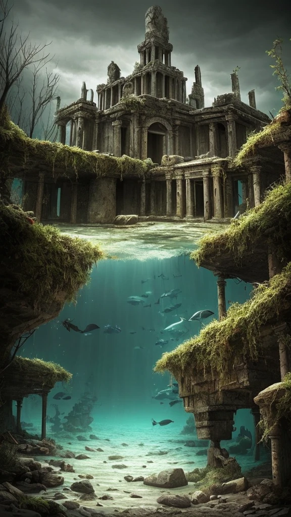 a dark and eerie looking underwater scene with a large building, underwater temple, dark city ruins, dark fantasy setting, undersea temple, underwater city, an underwater city, beautiful and mysterious, dark fantasy world, dark fantasy environment, dark fantasy atmosphere, magical environment, dark ruins landscape, beautiful with eerie vibes, futuristic ruins, ancient magical overgrown ruins