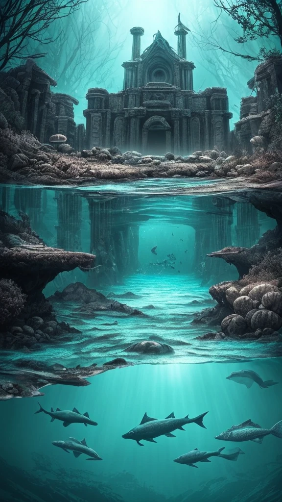a dark and eerie looking underwater scene with a large building, underwater temple, dark city ruins, dark fantasy setting, undersea temple, underwater city, an underwater city, beautiful and mysterious, dark fantasy world, dark fantasy environment, dark fantasy atmosphere, magical environment, dark ruins landscape, beautiful with eerie vibes, futuristic ruins, ancient magical overgrown ruins
