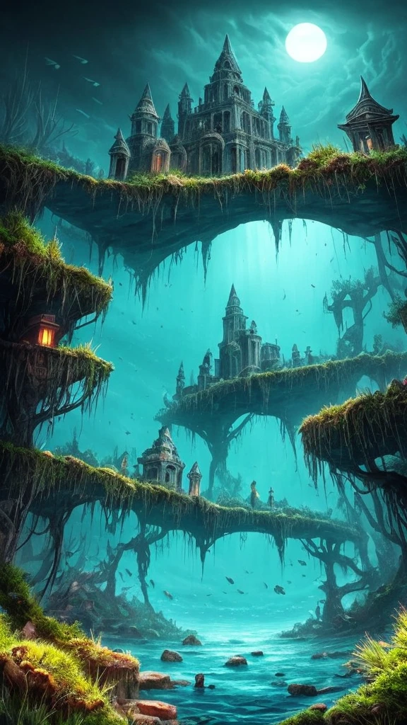 a dark and eerie looking underwater scene with a large building, underwater temple, dark city ruins, dark fantasy setting, undersea temple, underwater city, an underwater city, beautiful and mysterious, dark fantasy world, dark fantasy environment, dark fantasy atmosphere, magical environment, dark ruins landscape, beautiful with eerie vibes, futuristic ruins, ancient magical overgrown ruins