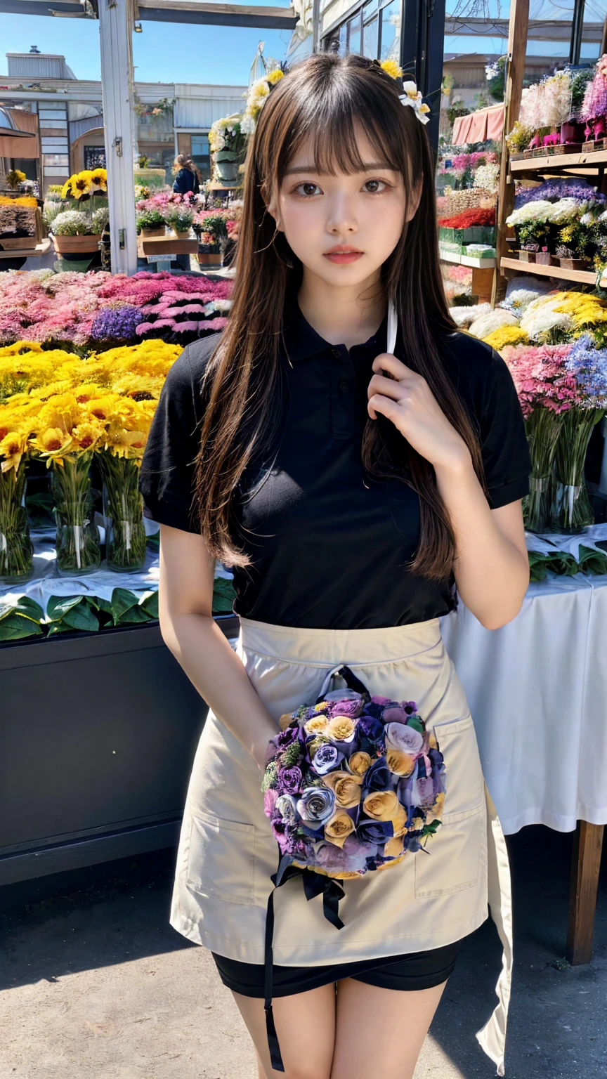 (8K, RAW Photos, Highest quality, masterpiece:1.2), (professional photography, full colors, studio-caliber color grading), (Gravure quality for high-end fashion magazines), close up, BREAK,18 year old girl, (straight hair:1.1), crying a little, Harajuku style, Big Natural Color Lip, (Plumpy body:1.2), (smooth skin:1.1), huge breasts,  BREAK detailed cloth texture, break, (A tight polo shirt that expresses the roundness and softness of your chest.:1.2), (tight skirt1.1 (black apron:1.2 BREAK (beautiful scenery), ((behind flower shop:1.2)), standing, ((hold a big bouquet:1.2)), (parted lips), 