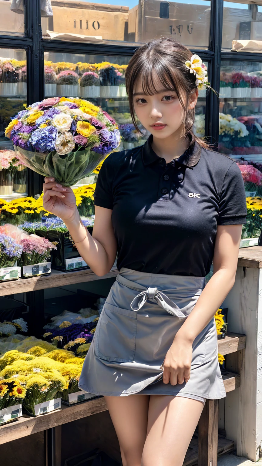 (8K, RAW Photos, Highest quality, masterpiece:1.2), (professional photography, full colors, studio-caliber color grading), (Gravure quality for high-end fashion magazines), close up, BREAK,18 year old girl, (straight hair:1.1), crying a little, Harajuku style, Big Natural Color Lip, (Plumpy body:1.2 (smooth skin:1.1 (huge breasts:1.1 BREAK detailed cloth texture, break, (A tight polo shirt that expresses the roundness and softness of your chest.:1.2 (tight skirt1.1 (black apron:1 BREAK (beautiful scenery), ((behind flower shop:1.2)), standing, ((hold a big bouquet:1)), (parted lips),