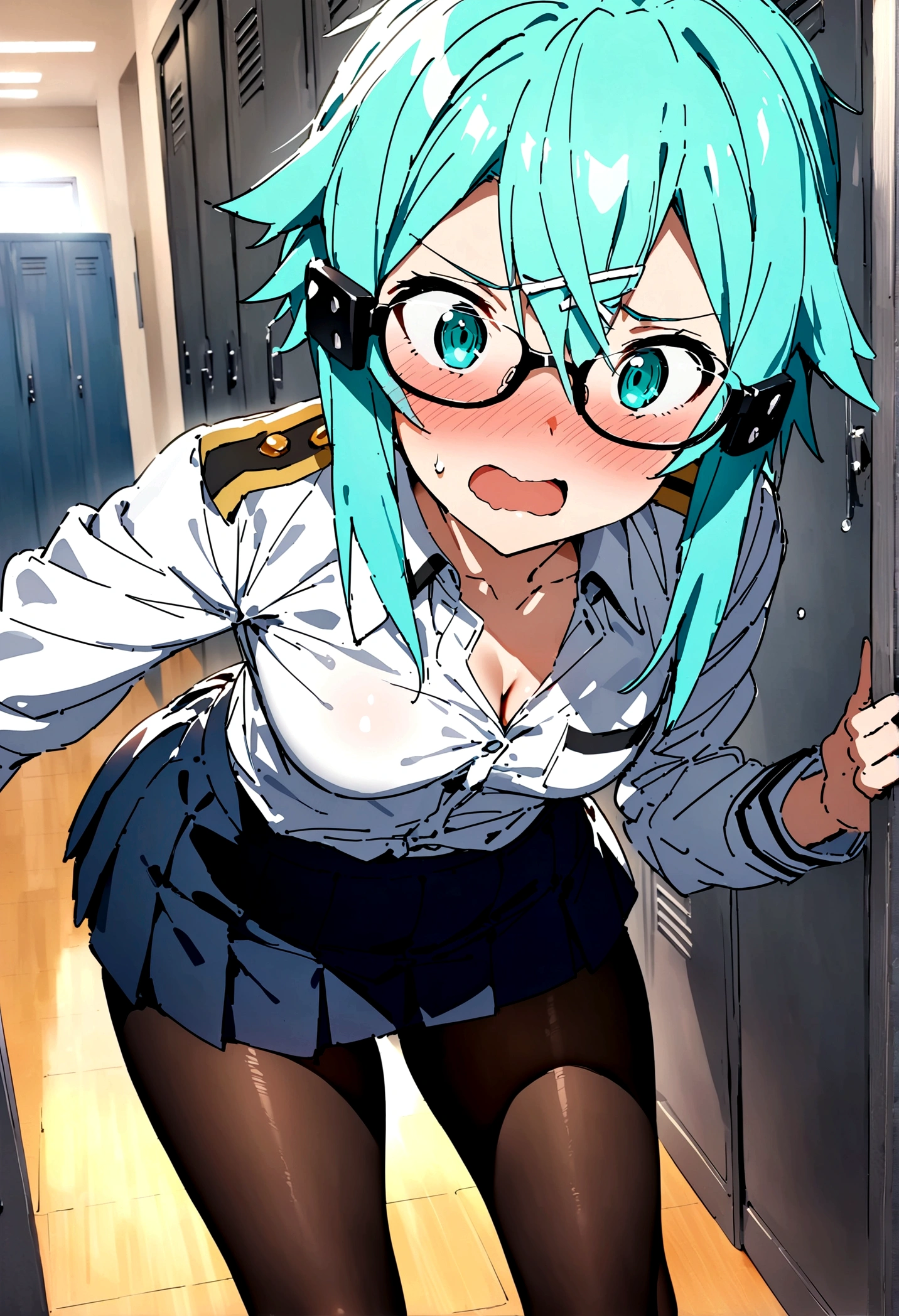 NSFW,masterpiece,Highest quality,High resolution,Super detailed,Sinon\(Sword Art Online\),Glasses,shirt,Pleated mini skirt,pantyhose,underwear,Embarrassed,Estrus,Lust,patience,blush,tears,(Inside the train),Half-naked,Open clothes,(Man with bad face),(Having sex),Insert,Creampie,,Being watched by others,(Squirting),(Molester),A man rubs his chest,A man is fingering,Embrace