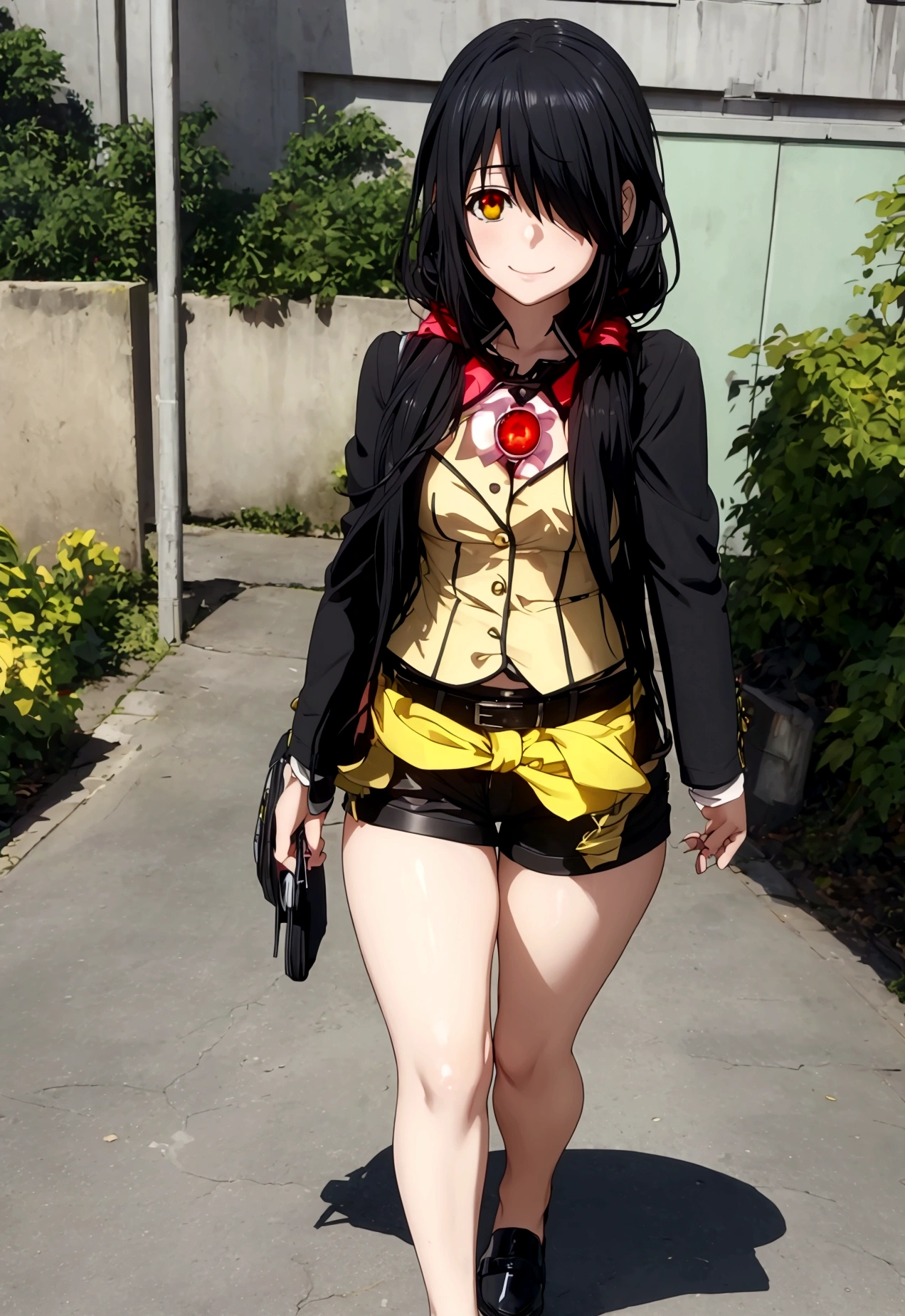 ultra-detailed,highly detailed,best quality,masterpiece,illustration,realistic, photo,photorealistic,
1girl, tokisaki kurumi,cosplay,hair over one eye, (right red eye, left yellow eye), looking at viewer, happy girl,low twintails,
, hotpants, hair rings, loafers,
Outdoors, walking, station