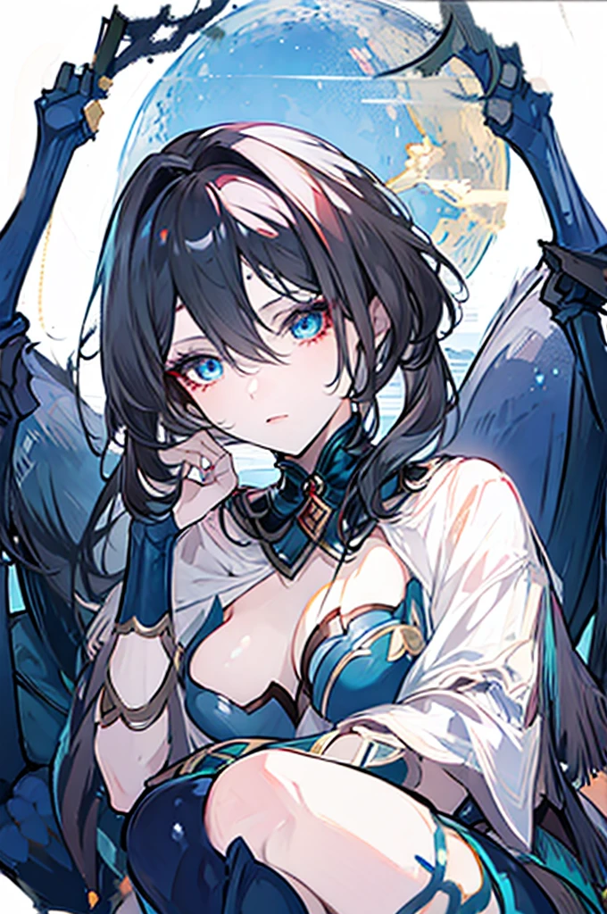 1 woman, short black hair, blue eyes, monster girl, arachne, spider girl, white shirt,