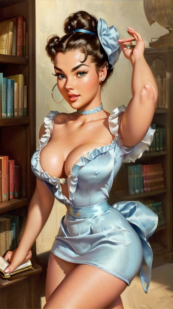 (highly realistic), (global illumination), (ray tracing), ((Gil Elvgren)), (illustrated style), ((highly detailed faces)), (8k resolution), pale blue eyes, (hyper realistic), (photorealistic: 1.4), cute librarian with hair tied in a bun, library, beautiful, pencil skirt, ruffled silk blouse