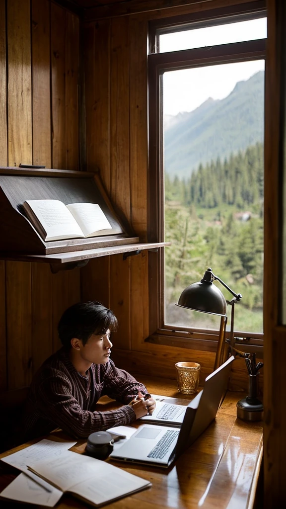 Scene of Ricardo writing at his desk, the isolated cabin visible in the background