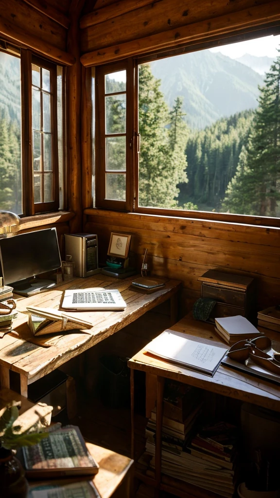 Scene of Ricardo writing at his desk, the isolated cabin visible in the background