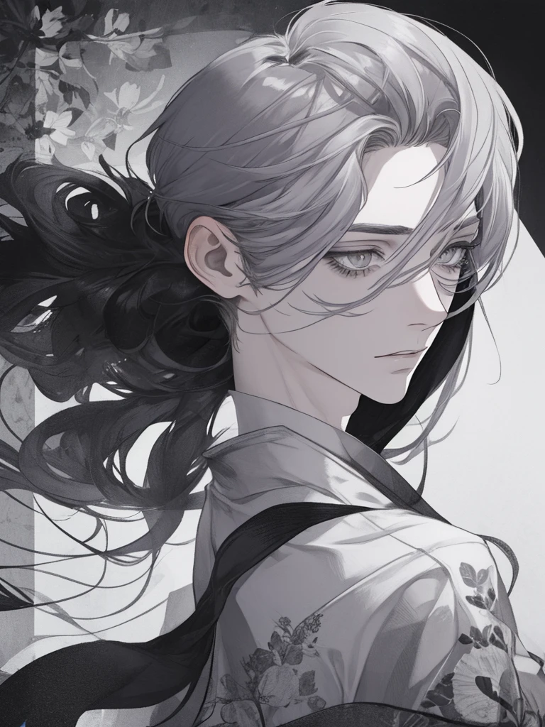 male,High nose,Thin eyebrows,ephemeral,lonely,From the back,look back,Long eyelashes,Gray Hair,yukata,tobacco