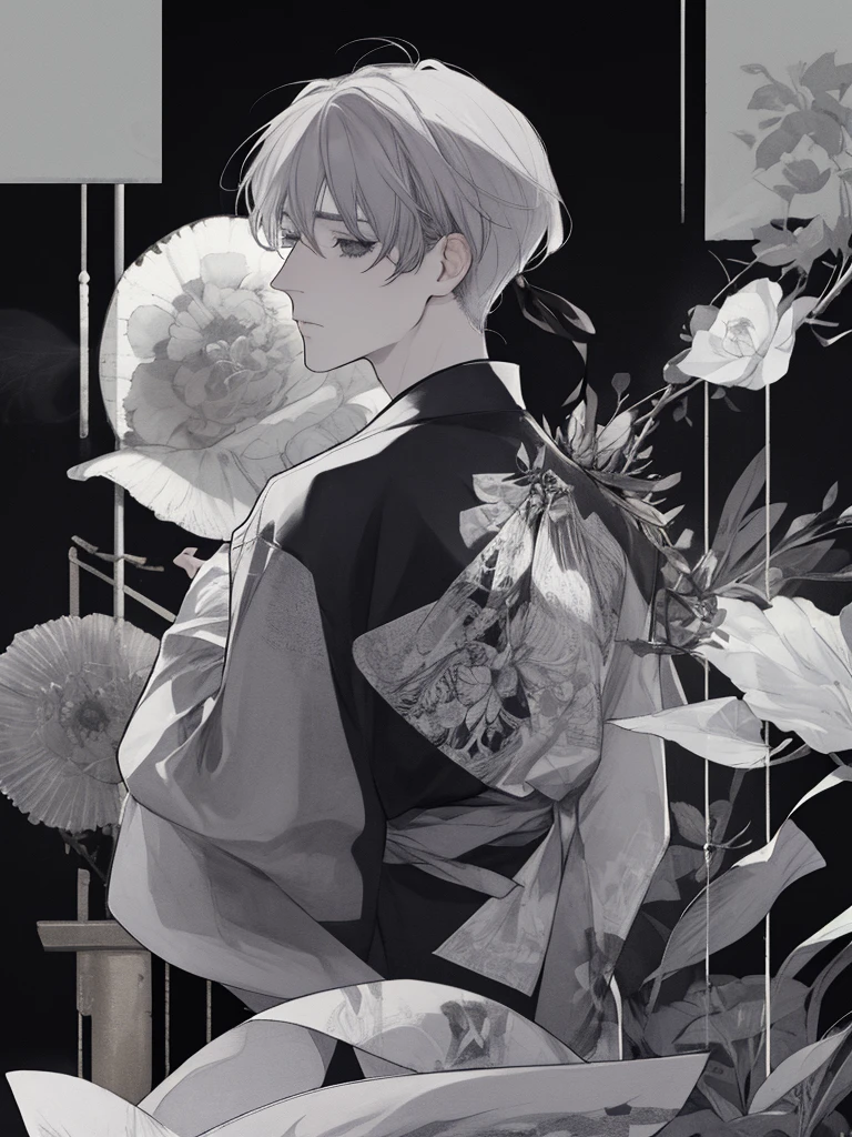 male,High nose,Thin eyebrows,ephemeral,lonely,From the back,look back,Long eyelashes,Gray Hair,yukata,tobacco