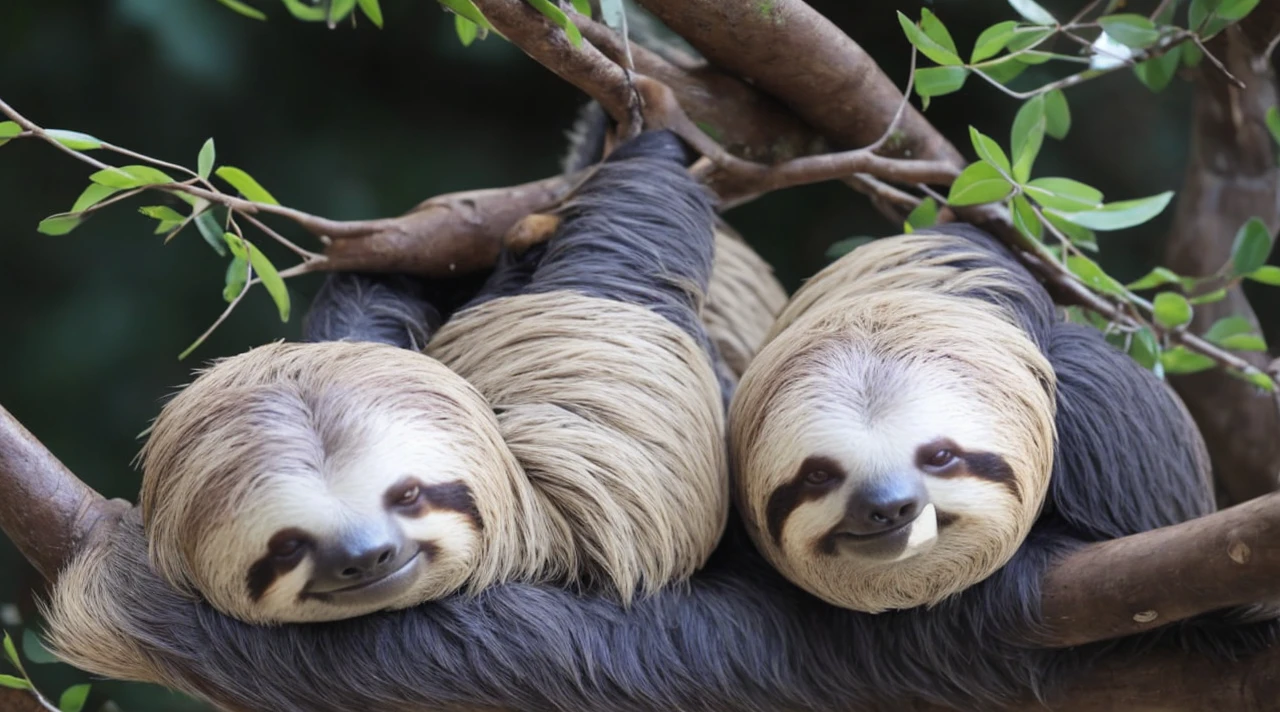 a sloth on a tree, cute sloth, adorable sloth, sloth relaxing on tree branch, sloth sleeping on tree, sleepy sloth, detailed sloth face, high quality sloth portrait, realistic sloth digital art, detailed fur texture, lush green foliage, sunlit forest background, natural lighting, vibrant colors, soft focus, detailed background, photorealistic, 8k, (best quality,4k,8k,highres,masterpiece:1.2),ultra-detailed,(realistic,photorealistic,photo-realistic:1.37)