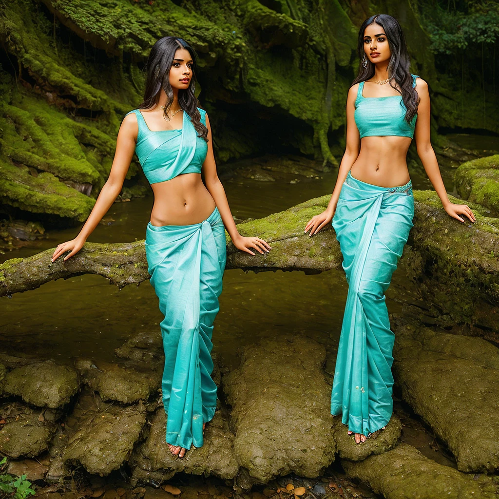 An indian beautiful girl wearing saree her age is 29, navel, low waist, midriff, in rainy forest, rainy weather, waterfall, river, mountains