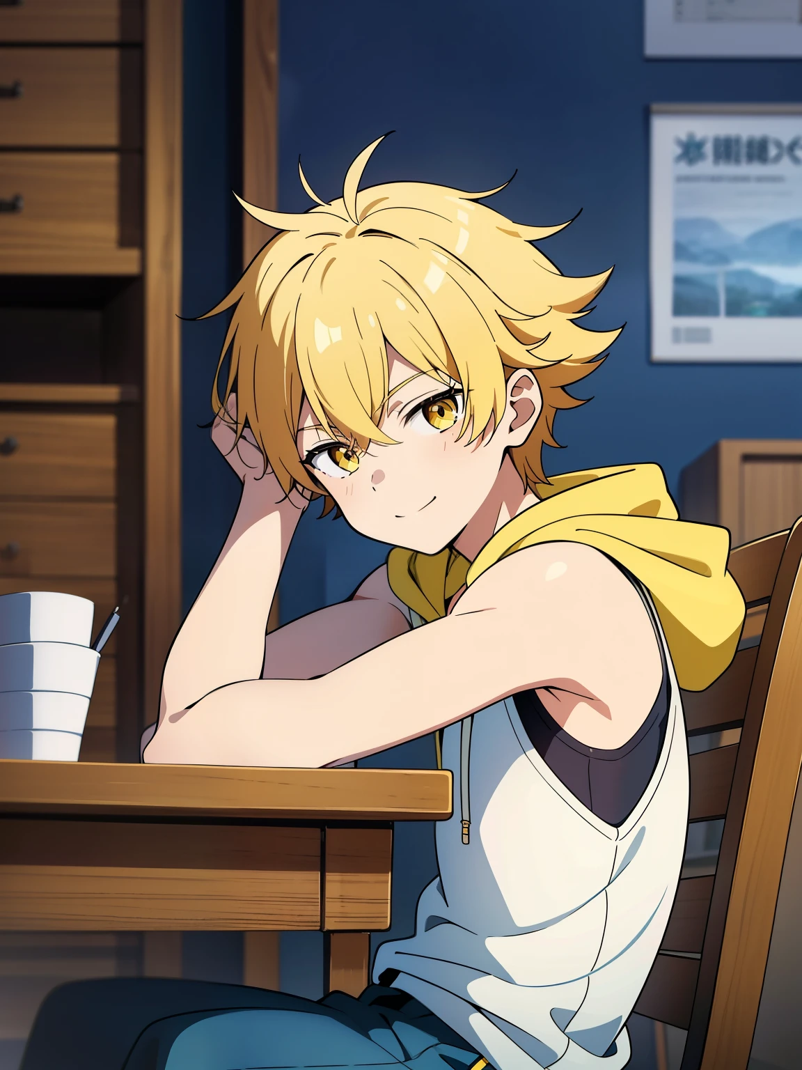 Highres, Masterpiece, Best quality at best,Best Quality,hight quality, hight detailed, Anime style, 1boy, Shota, young boy, Solo person, smile, Yellow hair, messy hair, sit on the chair, writing, Sleeveless hoodie, Focus on the shoulders, Bare shoulder, Seen from the side, upper body, (very young boy), (very small and short body), 12-year-old boys, uhd, blurry beckground