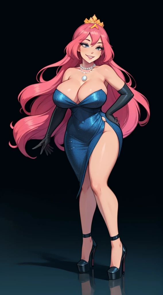 ((masterpiece, best quality)),solo,1girl, highres, detailed, soft lighting, long hair,power dress, pearl necklace, crown,smile, missing tooth, black outline, large breasts, pink long gloves,full body,wear high heels.