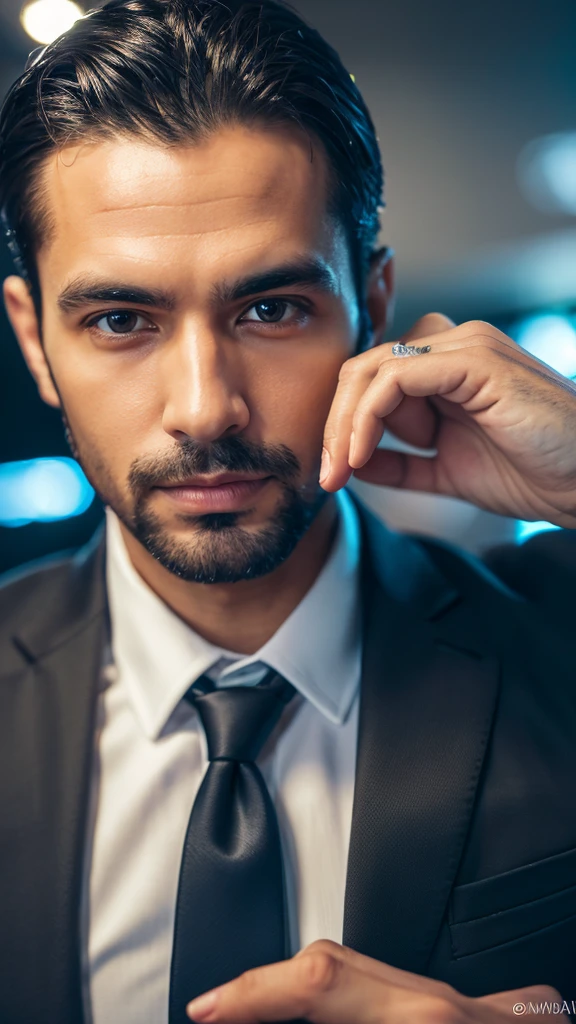 a 40 year old brazilian man,beautiful detailed eyes,beautiful detailed lips,extremely detailed face,longeyelashes,handsome,in a suit,hand in pocket,taking a selfie,in a room,(best quality,4k,8k,highres,masterpiece:1.2),ultra-detailed,(realistic,photorealistic,photo-realistic:1.37),studio lighting,vivid colors,natural lighting